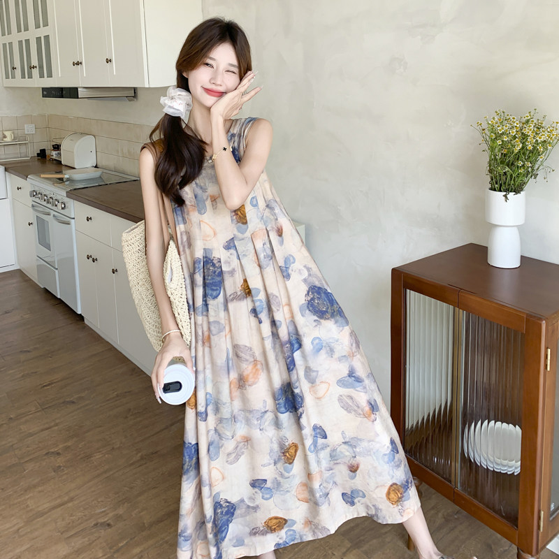 设计感百搭无袖碎花裙女夏季2025年新款法式简约度假风圆领背心裙,女装连衣裙,2C131