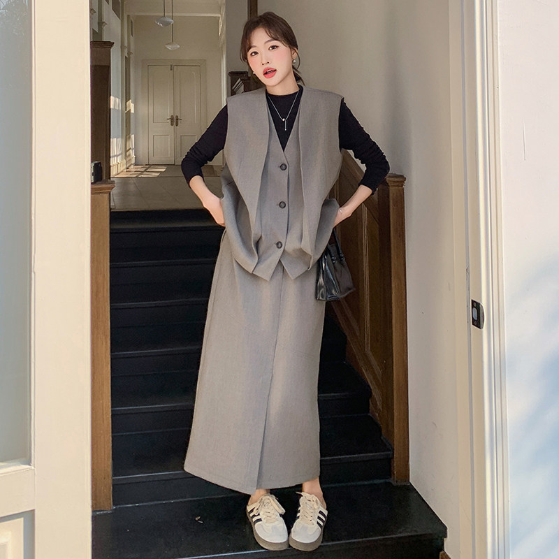 设计感灰色西装马甲套装裙女2025春季新款轻熟风气质半身裙两件套,女装套装/套裙,2C139
