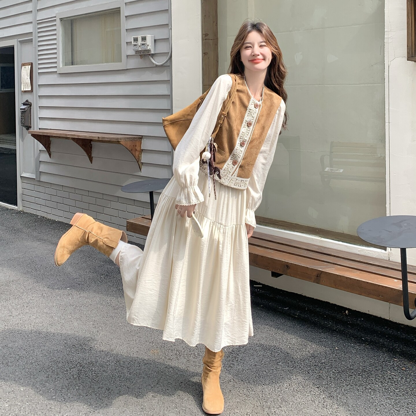 白色连衣裙套装女秋季2025旅游穿搭美拉德马甲裙子刺绣休闲舒适,女装套装/套裙,2C218