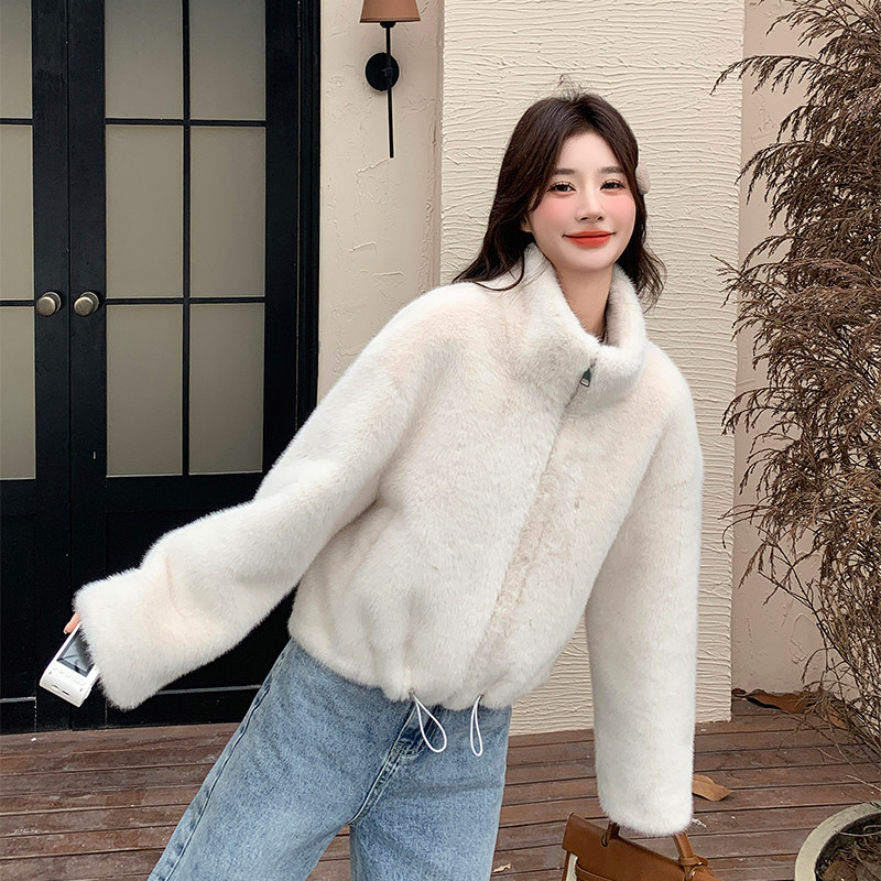 高级感韩系立领皮毛一体外套女2024冬季新款宽松加厚保暖开衫上衣,女装短外套,1D066-1