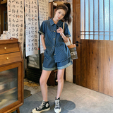 休闲蓝色波点衬衫短裤套装女夏流行爆款小个子两件套大方得体减龄，女装套装/套裙，2C028