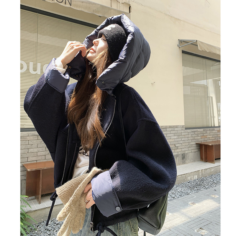 毛呢拼接羽绒帽子袖口7071-P265-K398单层。P315-K470-90绒内胆,女装羽绒服,2C016