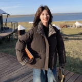 格子拼接短款羽绒服女2025冬季新款小个子休闲保暖90白鸭绒面包服，女装羽绒服，2C011