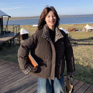 格子拼接短款羽绒服女2025冬季新款小个子休闲保暖90白鸭绒面包服图片
