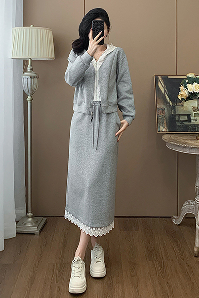 休闲时尚套装裙女春季新款连帽拉链短款碎花抽绳半身裙两件套潮流,女装套装/套裙,2C310