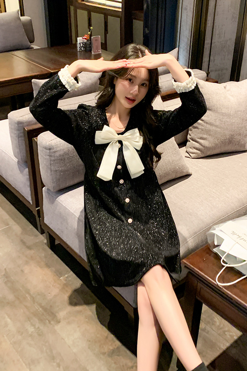 法式小香风连衣裙女2025春季新款高级感气质收腰显瘦蝴蝶结小黑裙,女装连衣裙,2C029
