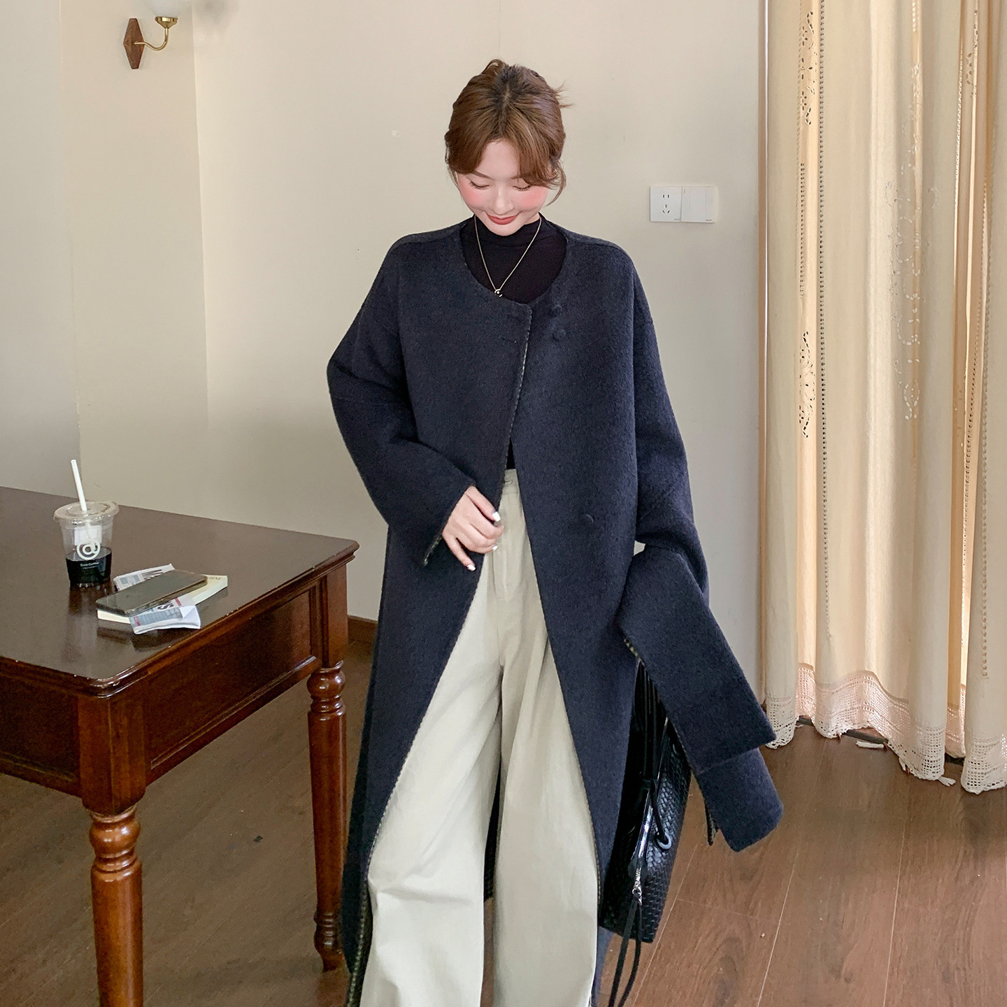 新款2B1142122P290-K355配围巾长款双面羊毛呢大衣外套,女装毛呢外套,2B114