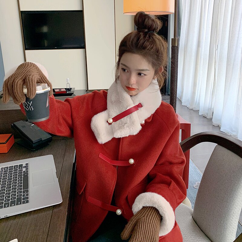 现货圣诞红毛呢外套内里加绒配围脖098-2235-P195-控288,女装毛呢外套,2C098