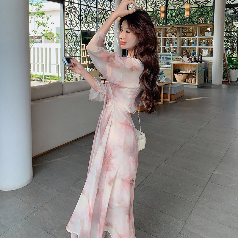 度假风仙女粉连衣裙女春秋2025新款超火好看氛围感独特漂亮长裙子,女装连衣裙,2C088