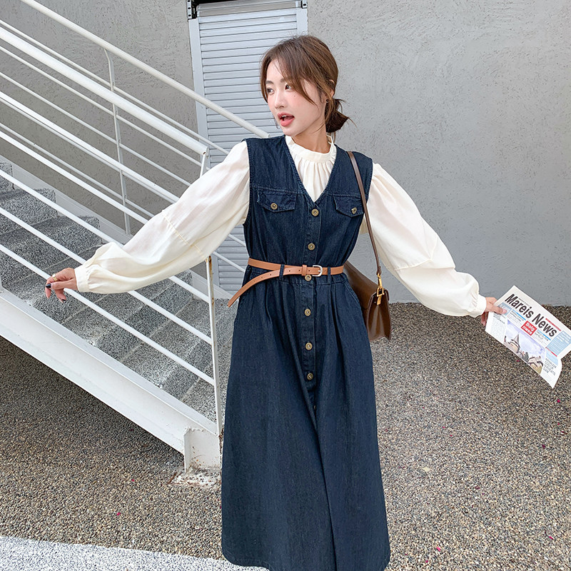 法式穿搭衬衫配牛仔连衣裙女秋冬2024新款独特超好看长裙两件套装,女装套装/套裙,2C166
