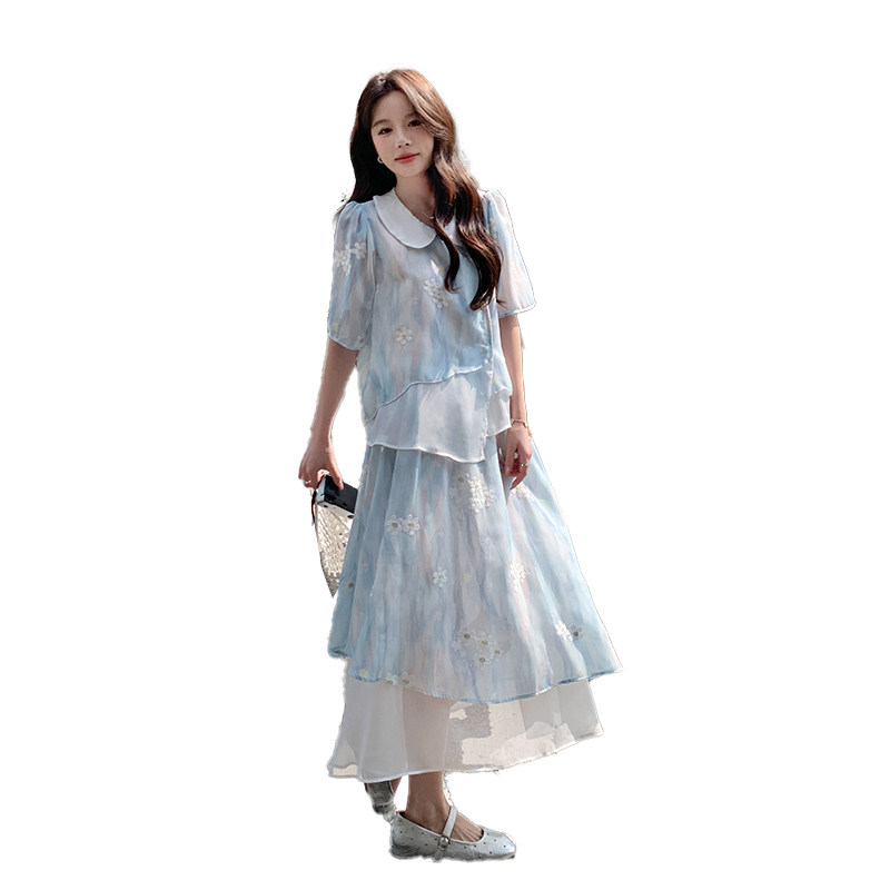 夏季新品扎染绣花减龄仙女裙套装娃娃领2C2851816P145K218,女装套装/套裙,2C285
