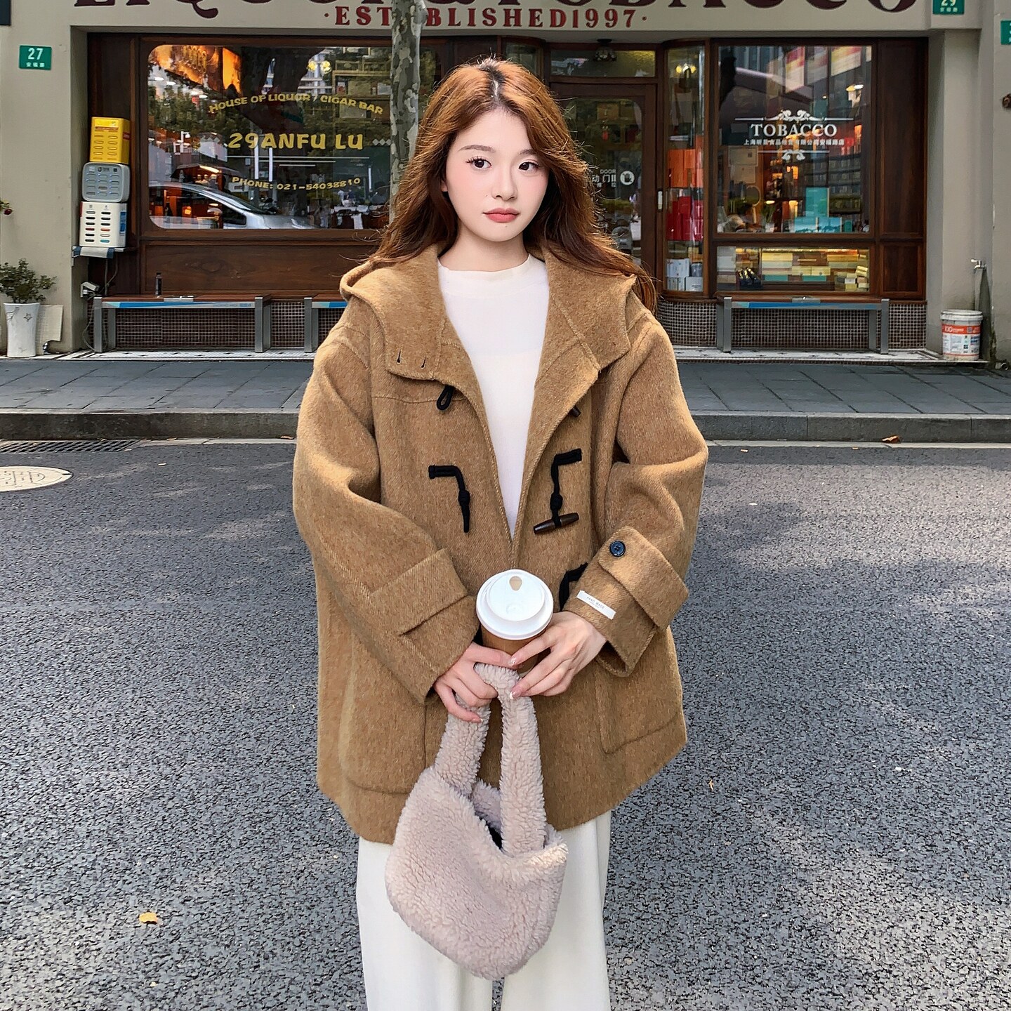 巨好看连帽牛角扣双面呢羊毛外套女秋冬2025新款学院风呢大衣超火,女装毛呢外套,2D145