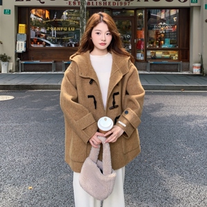 巨好看连帽牛角扣双面呢羊毛外套女秋冬2025新款学院风呢大衣超火图片