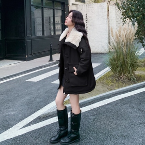 高级感羊羔毛牛角扣夹棉外套棉袄女秋冬2025新款pu皮衣棉服派克服图片