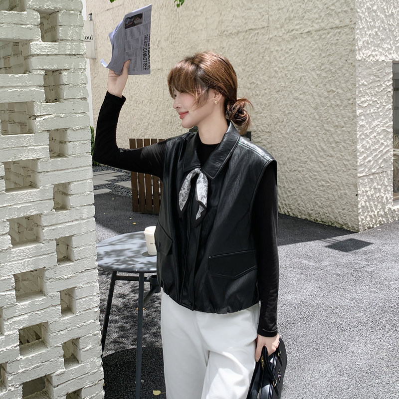 黑色减龄甜酷翻领皮衣马甲外套女2025新款秋季高级感淡人pu皮夹克,女装皮衣,2C092