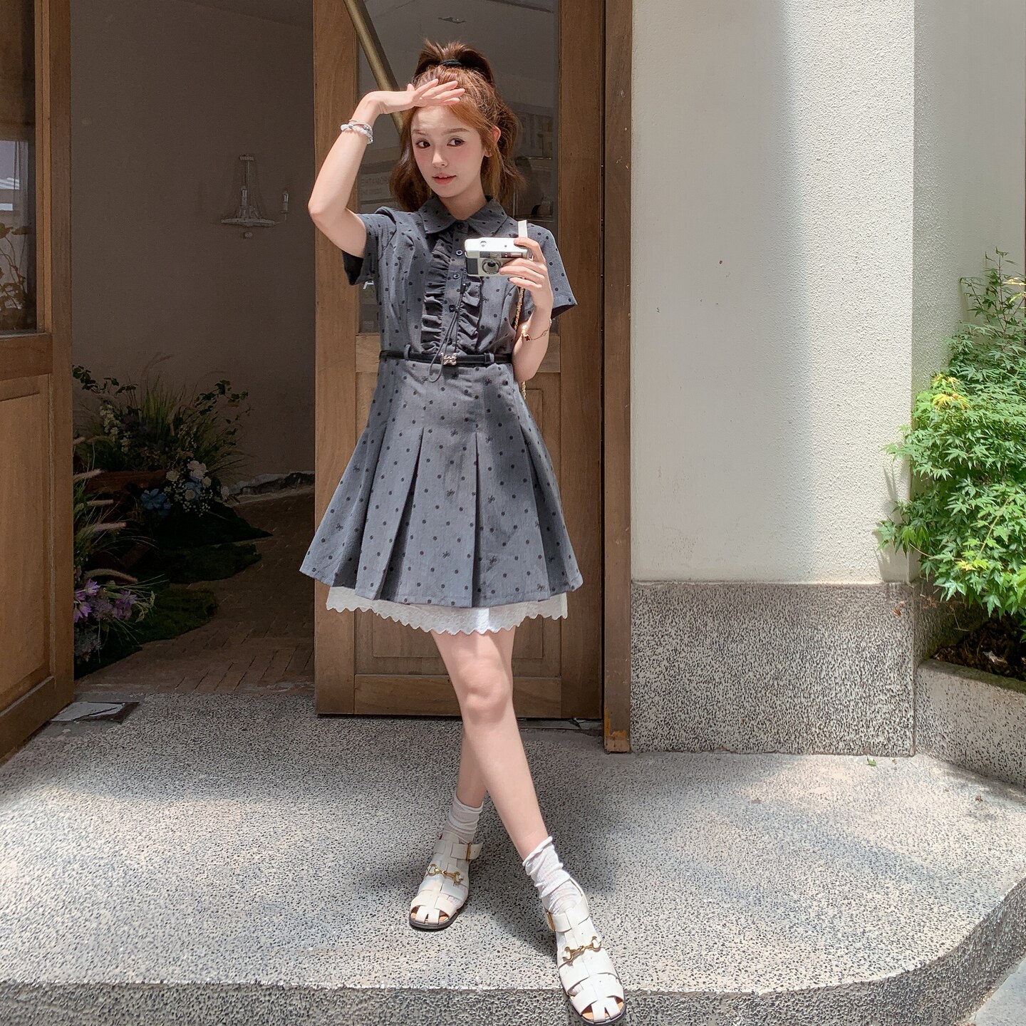 蕾丝拼接灰色波点连衣裙女夏2025新款收腰显瘦小个子衬衫裙俏皮,女装连衣裙,2C109