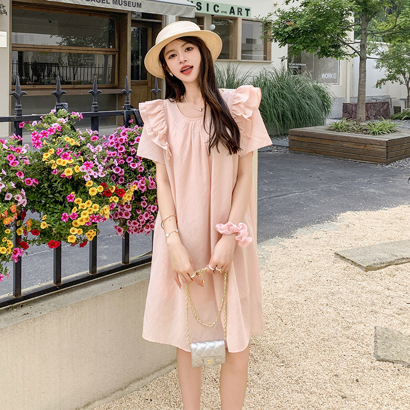法式甜美减龄圆领飞飞袖连衣裙女2025夏季新款韩版宽松显瘦短裙子,女装连衣裙,2C222