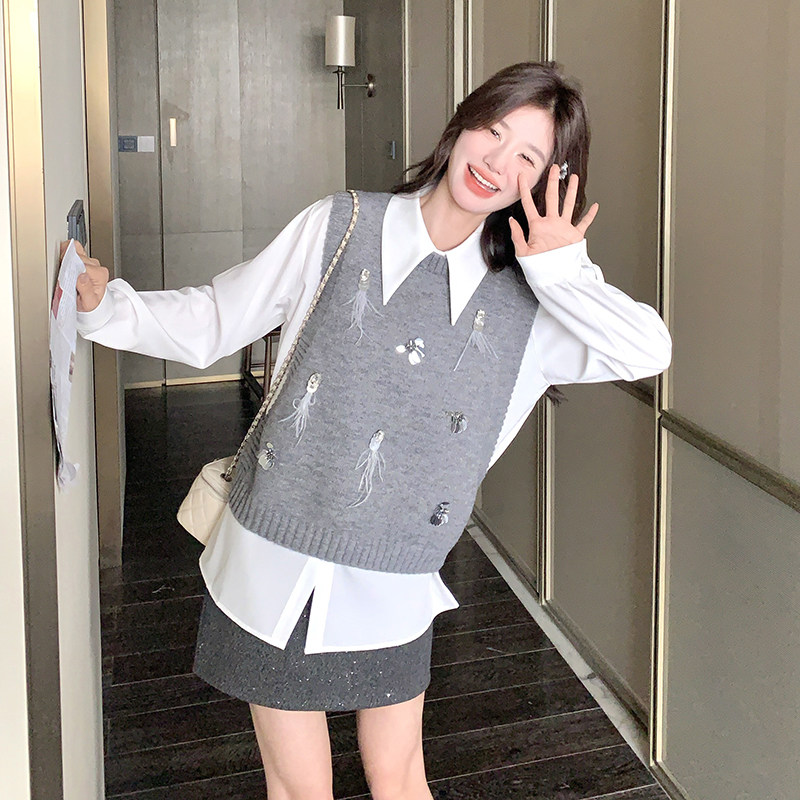 法式少女复古气质长袖衬衫上衣马甲套装女春秋新款时尚两件套,女装套装/套裙,2C166