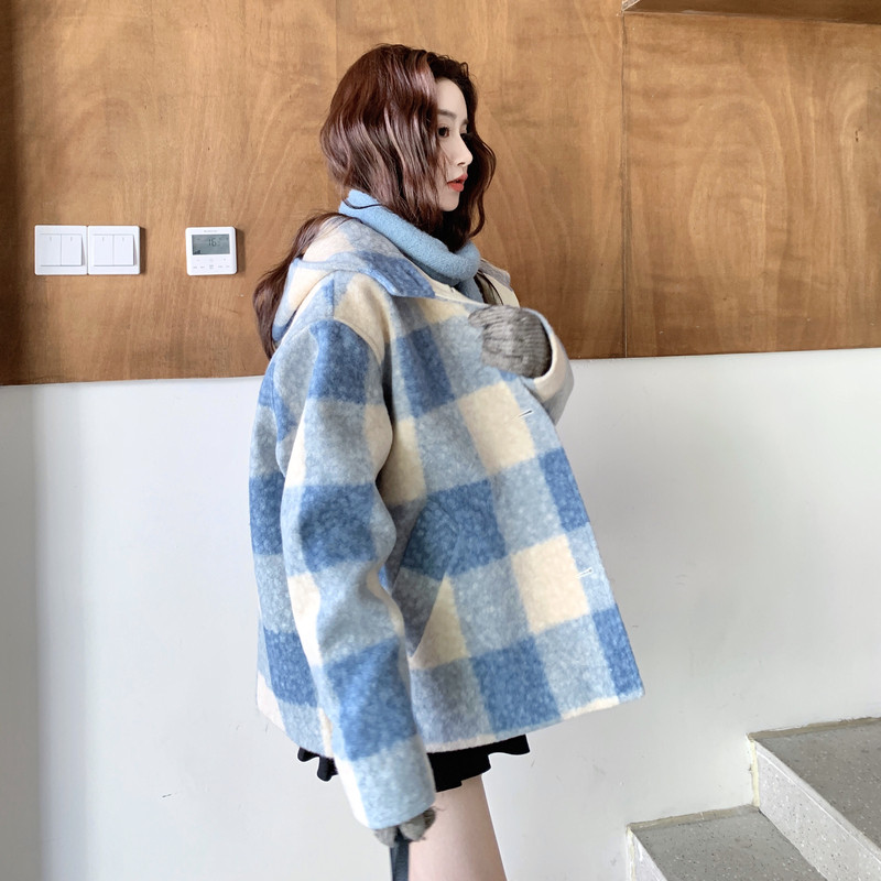 蓝色格纹拼接连帽圈圈毛呢大衣2025冬季日系新款甜美宽松chic外套,女装毛呢外套,2B222