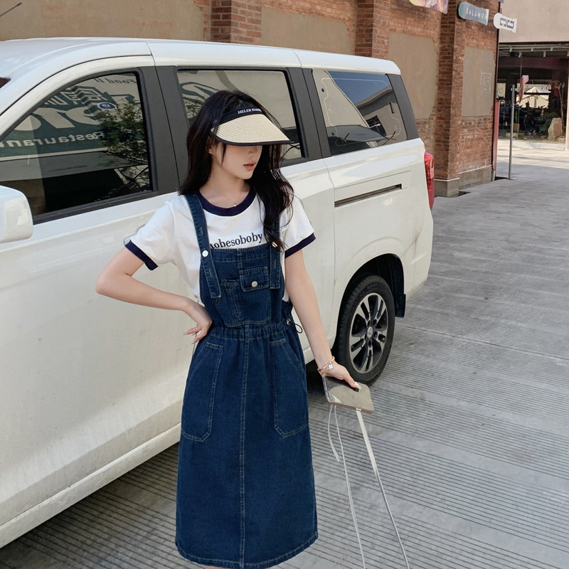 韩版收腰显瘦牛仔背带长裙套装女2025夏季新款甜美减龄T恤两件套,女装套装/套裙,2C266