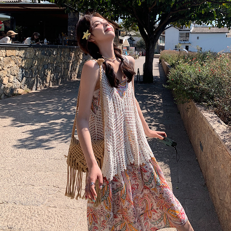 波西米亚风碎花连衣裙女2025夏季新款镂空罩衫背心叠穿长裙图片