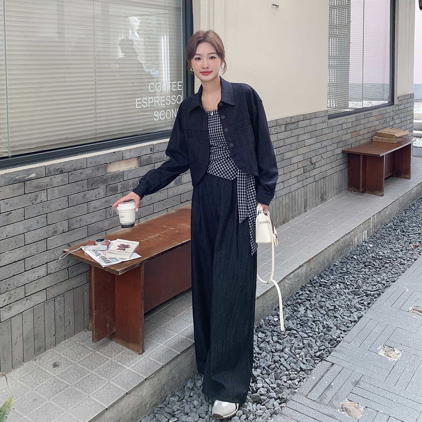 盐甜系复古牛仔三件套女2025秋季新款超好看短外套格子吊带阔腿裤,女装套装/套裙,2C126