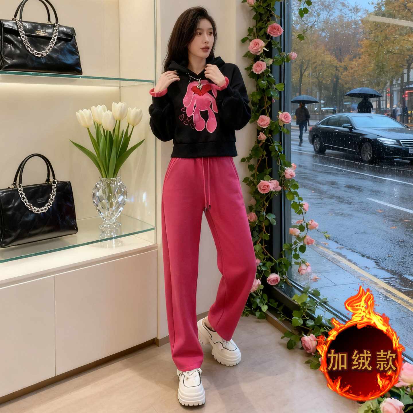 休闲运动套装女秋冬新款潮流时尚卡通刺绣连帽卫衣直筒长裤两件套,女装套装/套裙,2C310