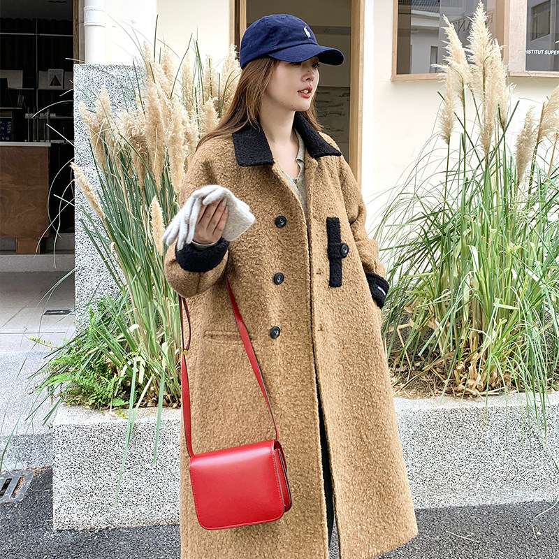 主推现货2025冬季新款撞色长款呢大衣C022-9108-P205-K298,女装毛呢外套,2C022