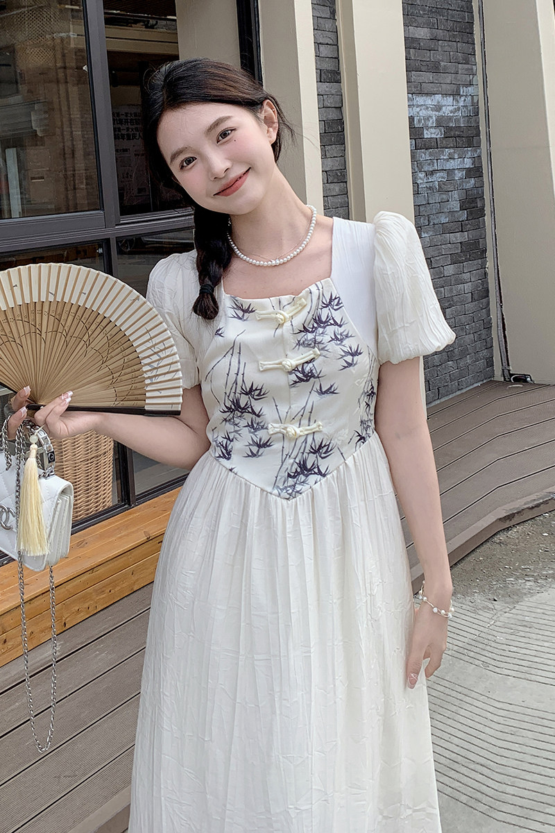 新中式方领气质连衣裙女2025夏季新款国风盘扣收腰显瘦a字长裙子,女装连衣裙,先锋丽姿