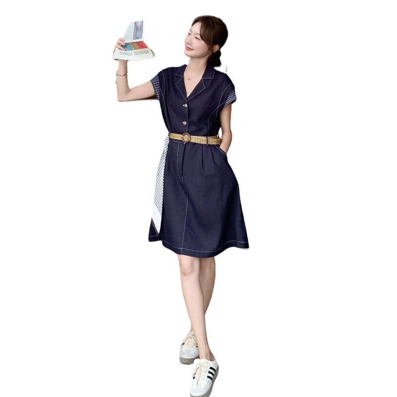 2025夏季条纹拼接连衣裙女巨好看复古设计感气质淡人单排扣连衣裙,女装连衣裙,2C227