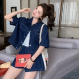 深蓝色小个子穿搭薄款牛仔上衣套装女夏季新款宽松显瘦短裤两件套，女装套装/套裙，2C212