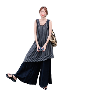 无袖条纹背心连衣裙T恤阔腿裤三件套女夏日绝美松驰感慵懒风超火图片