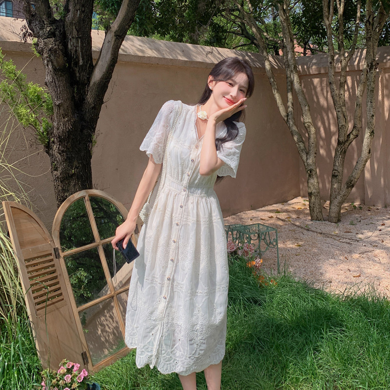 白色蕾丝连衣裙女夏2025新款法式收腰显瘦爆款流行绝美长裙小个子,女装连衣裙,2C092