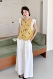 童趣风刺绣撞色黄色马甲阔腿裤套装女2025年夏季新款温柔系两件套，女装套装/套裙，2C166