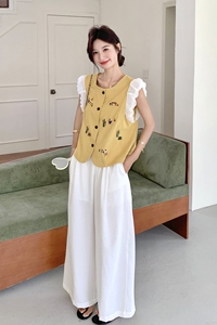 童趣风刺绣撞色黄色马甲阔腿裤套装女2025年夏季新款温柔系两件套图片