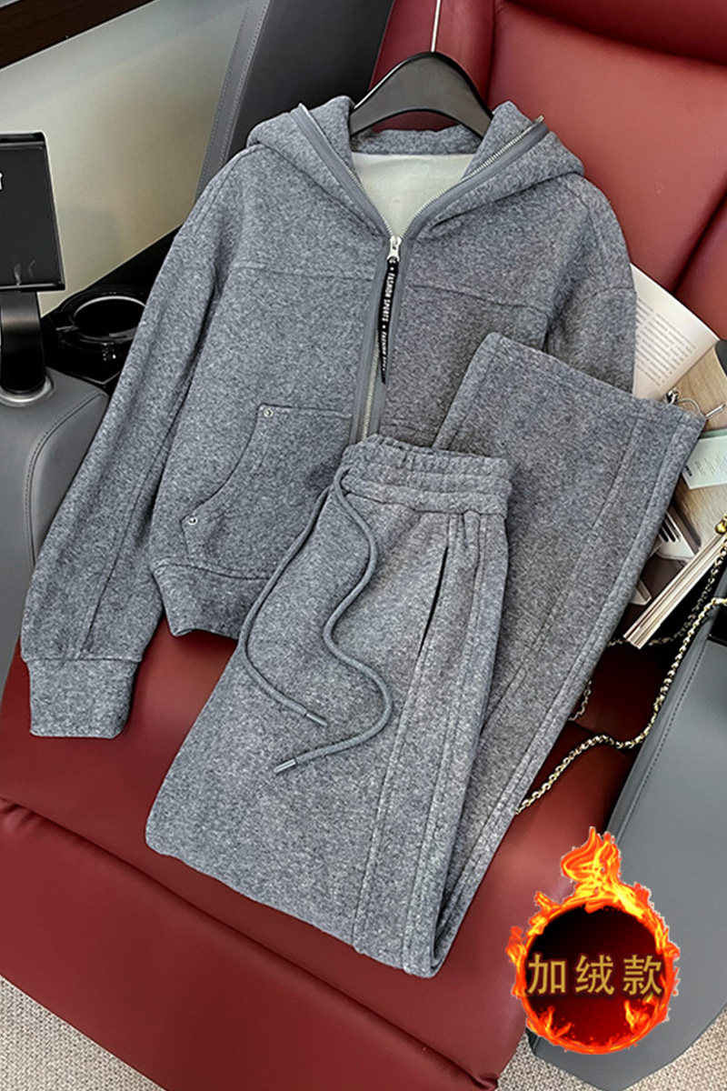 加绒加厚运动休闲卫衣直筒卫裤两件套,女装套装/套裙,2C310