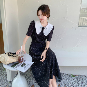 法式复古娃娃领波点连衣裙女夏季2025新款修身显瘦赫本风过膝长裙图片