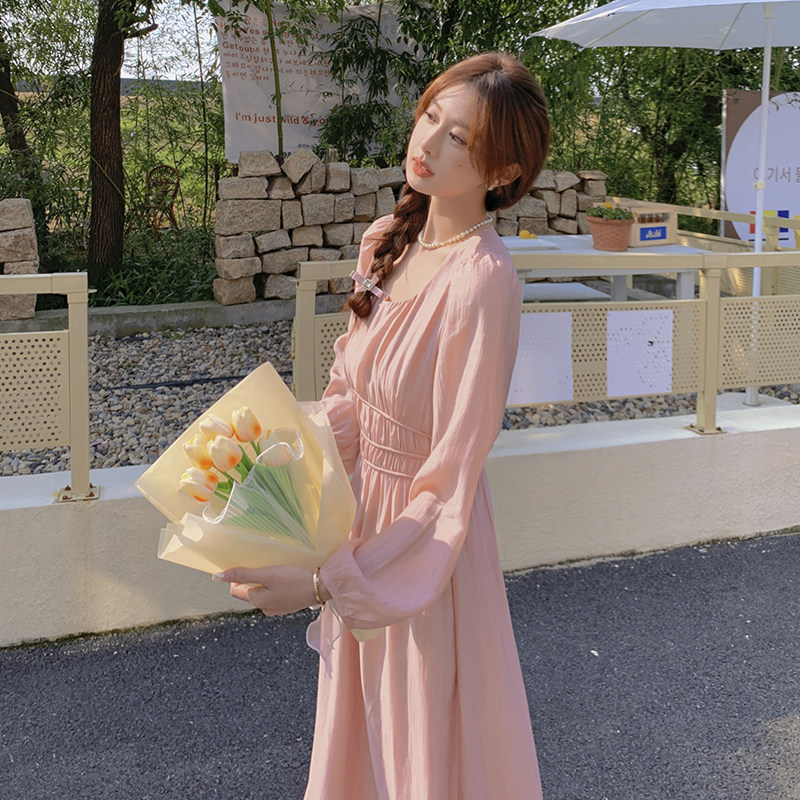 独特漂亮法式轻熟风粉色连衣裙女春秋2025新款超火千金风收腰长裙,女装连衣裙,2C037