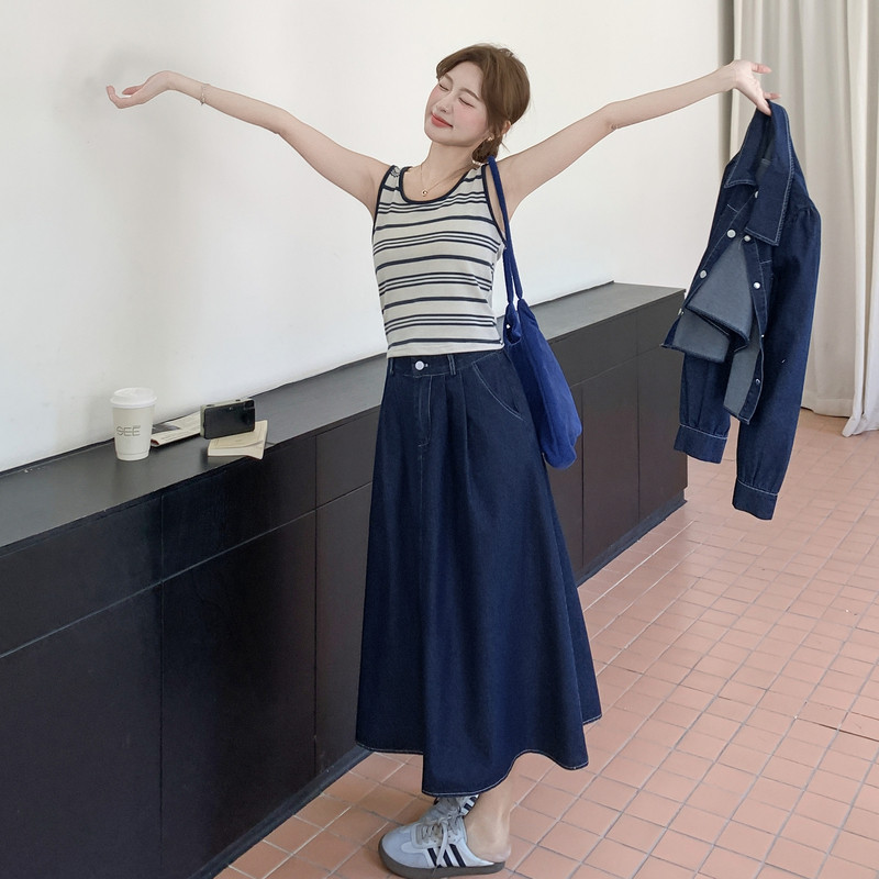 深蓝色牛仔套装女2025秋季新款休闲气质外套条纹背心半身裙三件套,女装套装/套裙,2C159