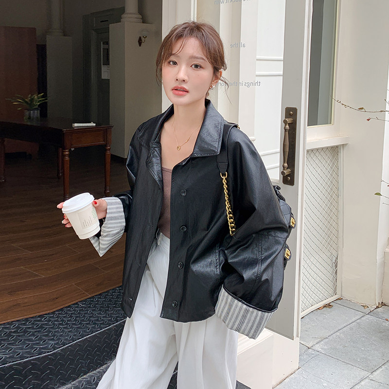 条纹拼接翻领黑色皮衣外套女春秋2025新款小个子PU夹克爆款高级感,女装短外套,2C087