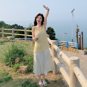 2025夏季新款韩系网状圆领无袖镂空针织上衣+吊带背心两件套女图片