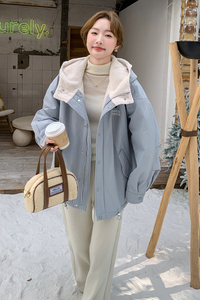 浅蓝色短款连帽棉服女韩系新款派克服保暖棉衣外套6110P215K328图片