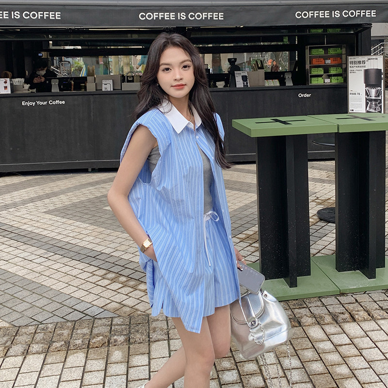 条纹休闲时尚套装女夏季2025新款无袖衬衫上衣高腰短裤减龄两件套,女装套装/套裙,2C112