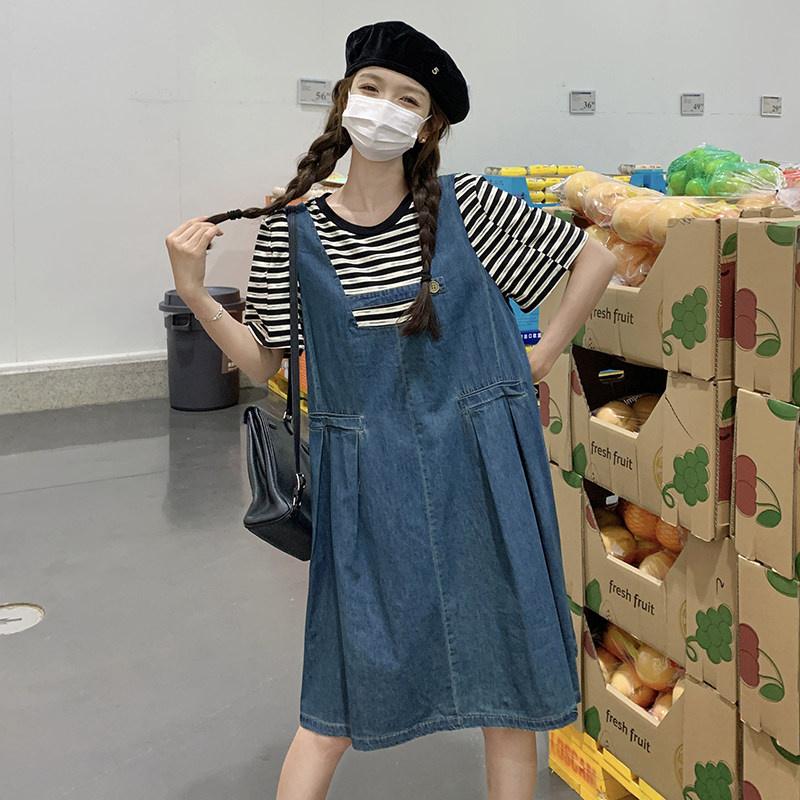 蓝色小个子时尚减龄假两件连衣裙女2023夏新款法式温柔风显瘦裙子图片
