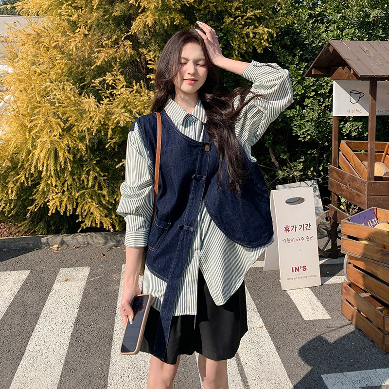 条纹拼接假两件牛仔衬衫外套女春秋2025新款美式复古超好看超火,女装衬衫,2C092