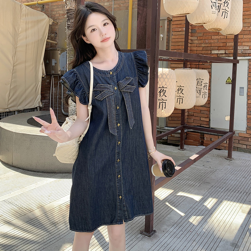 蝴蝶结减龄小飞袖牛仔连衣裙女夏季2025新款时尚小清新爆款小个子,女装连衣裙,2C117