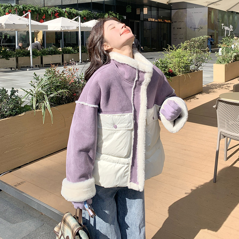 撞色羊羔毛拼接羽绒服女冬季新款韩系小个子保暖90白鸭绒面包服,女装羽绒服,2B222