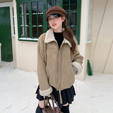 卡其色皮毛一体麂皮绒外套女2025冬季新款韩系简约加厚短款棉服潮，女装短外套，2D035