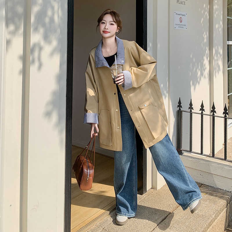 格子拼接风衣外套女中长2025春季新款韩版宽松时尚休闲工装大衣,女装风衣,2C159