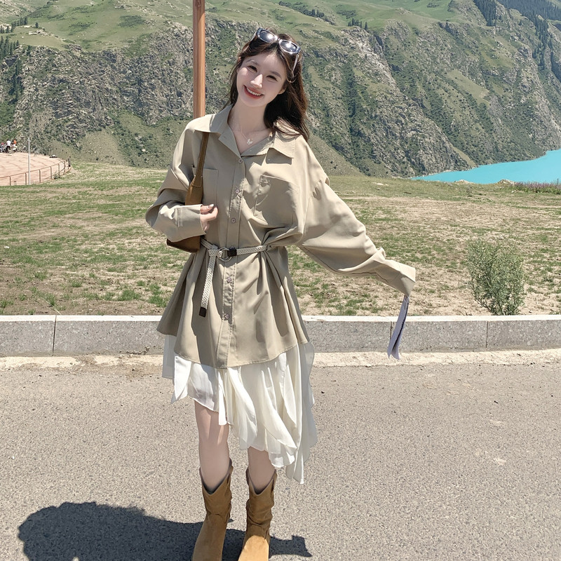 卡其色复古长袖外穿衬衫女秋2025新款韩版宽松显瘦小个子气质衬衣,女装衬衫,2C159